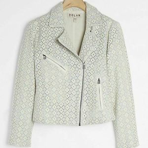 Anthropologie Dolan Beige Blue Crochet Moto Jacket